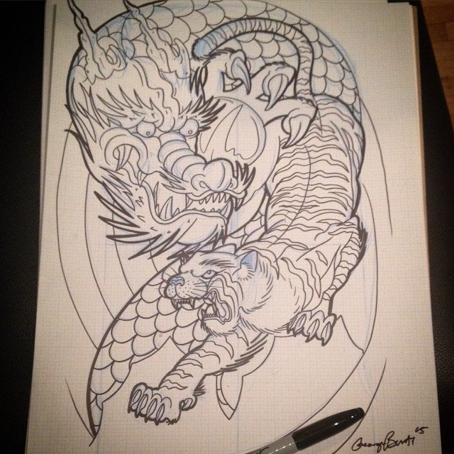 эскиз татуировки дракон и тигр