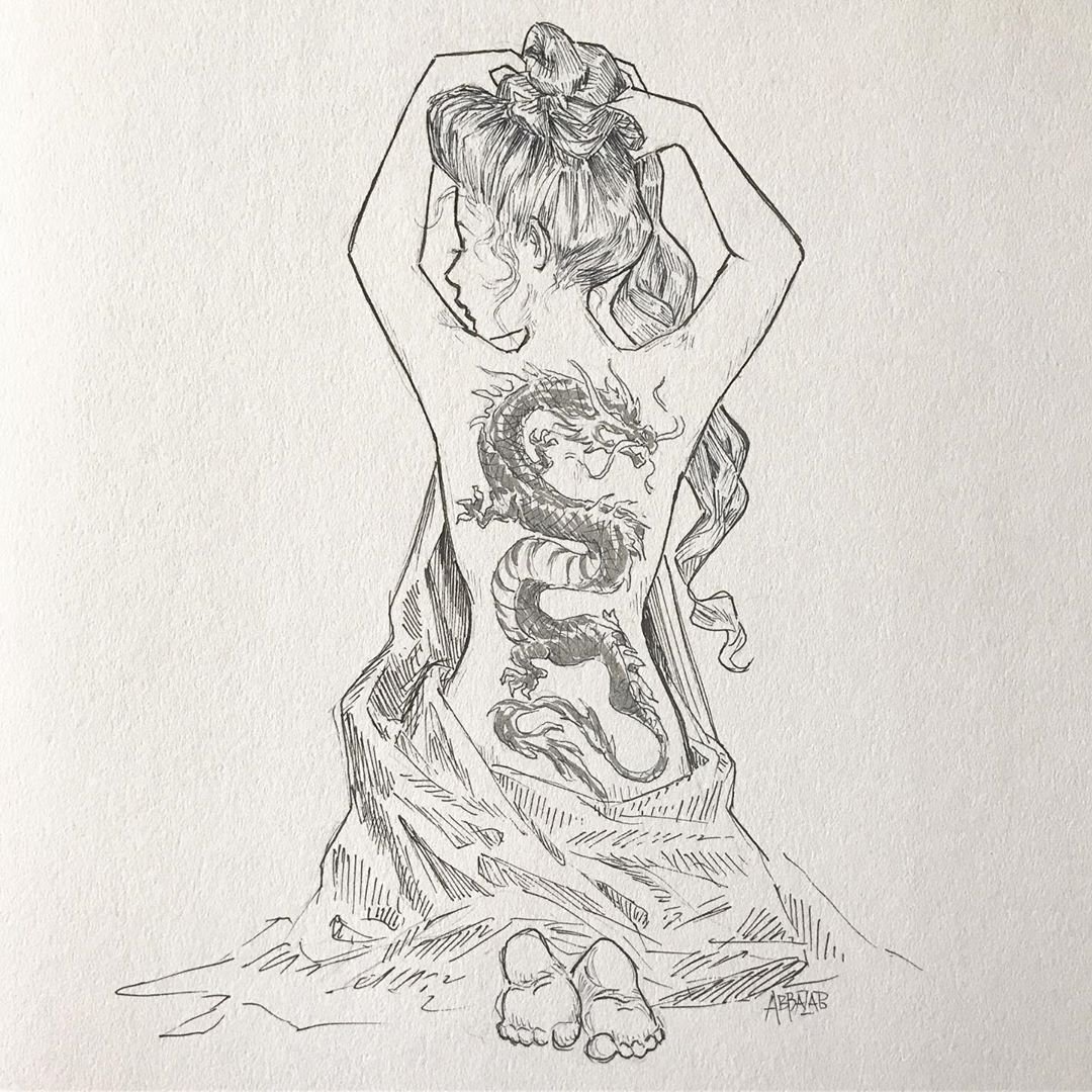 ескіз татуювання дракона і дівчини
