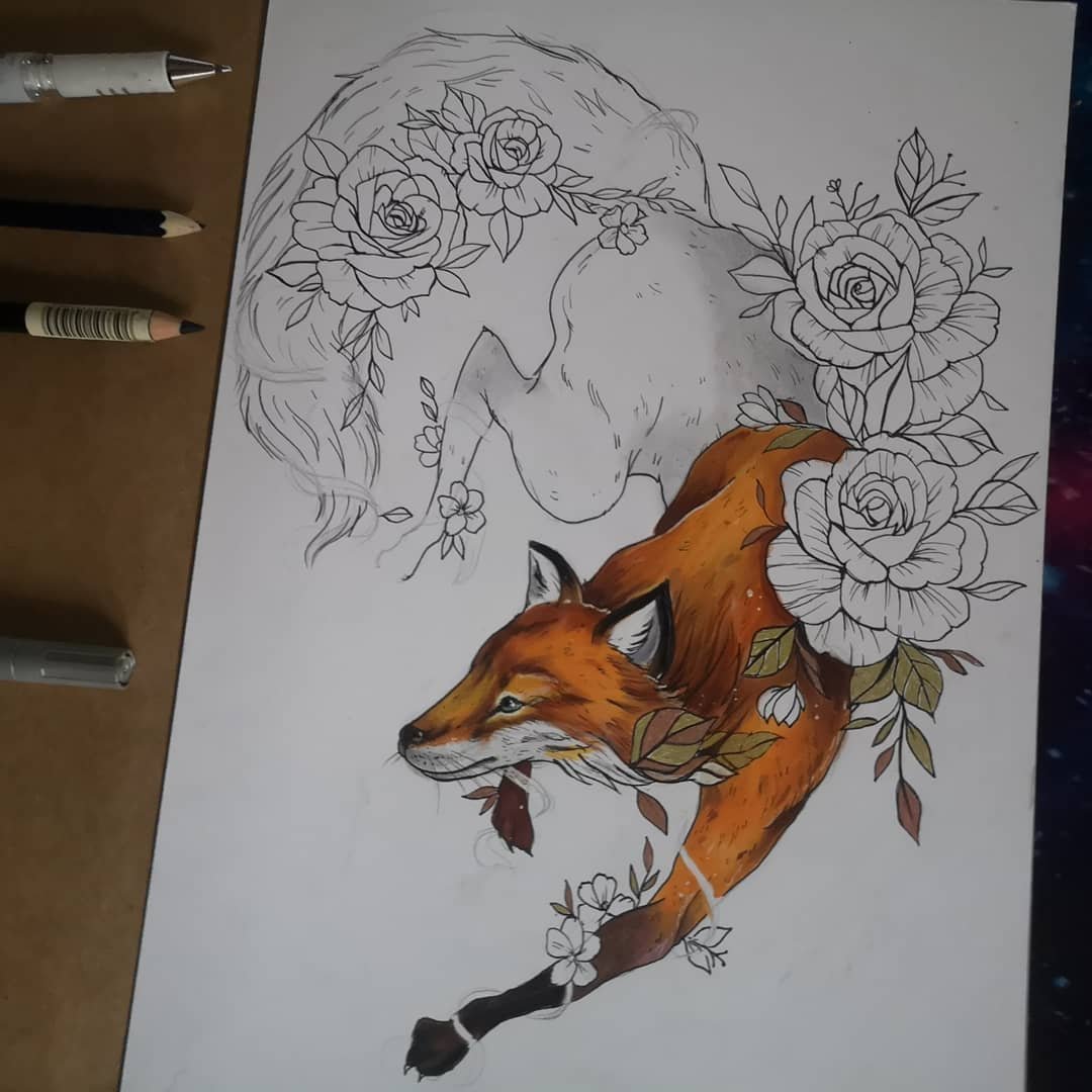 эскиз тату лисы и цветов