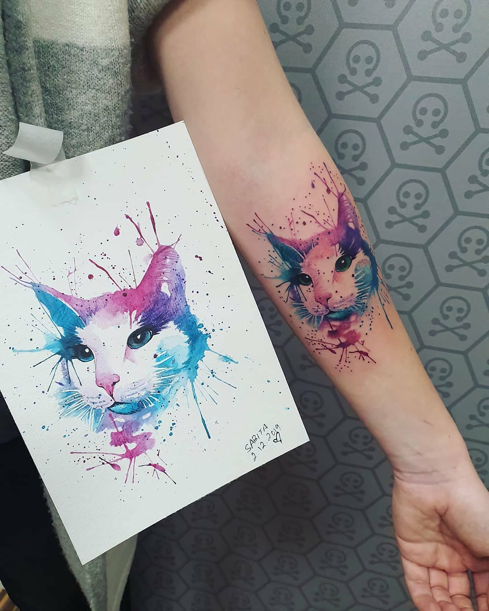 Акварельная татуировка кошки